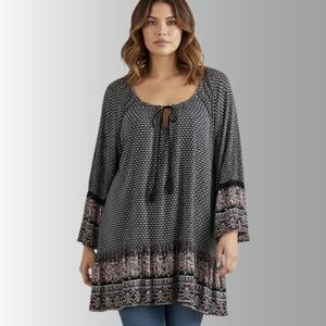 Black/White/Pink Tie Front Bell Sleeves boho Top,Hippie Chic, Plus Size 2X